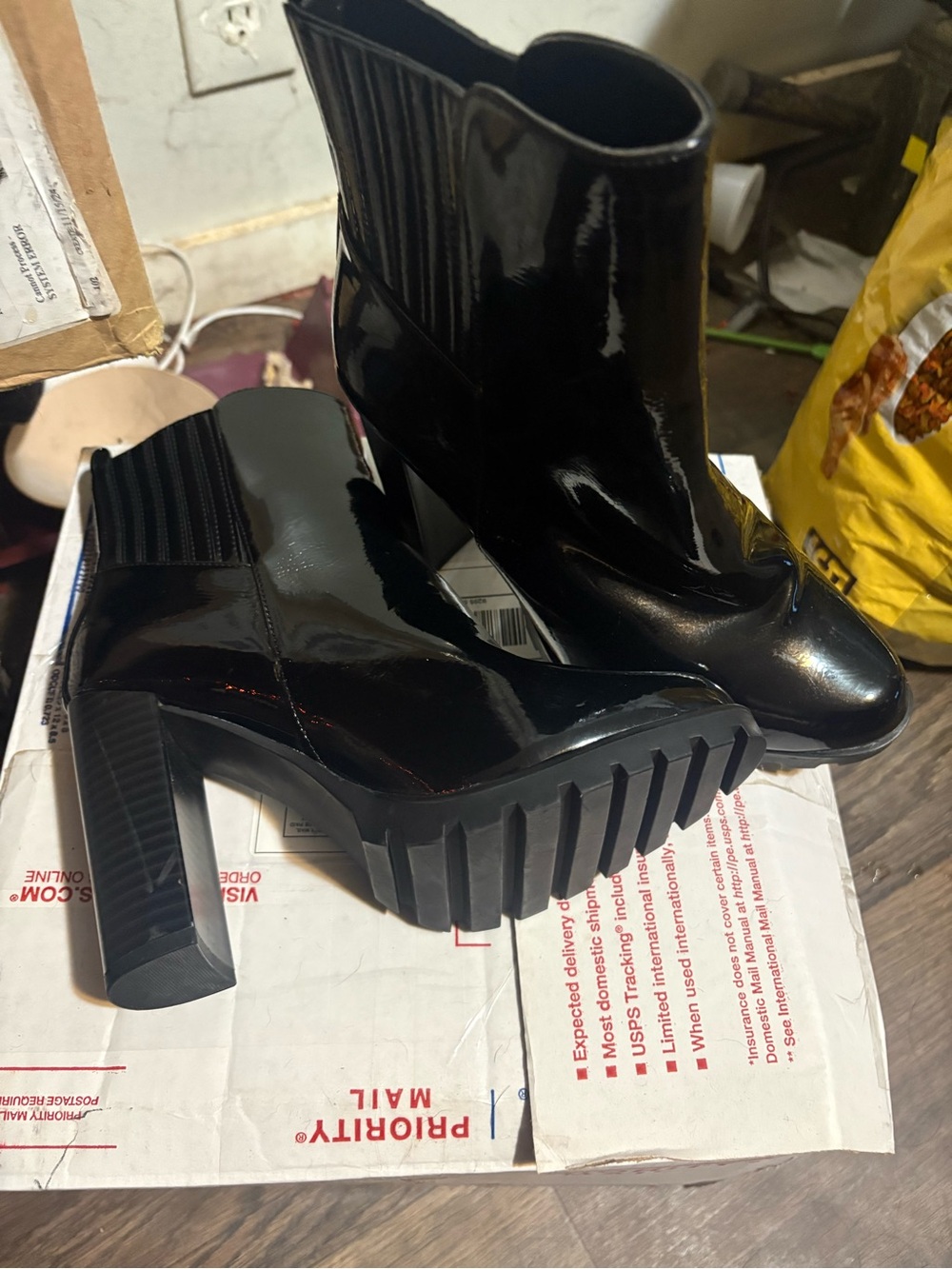 JustFab Black Patent Chunky Lug Heel Ankle Booties